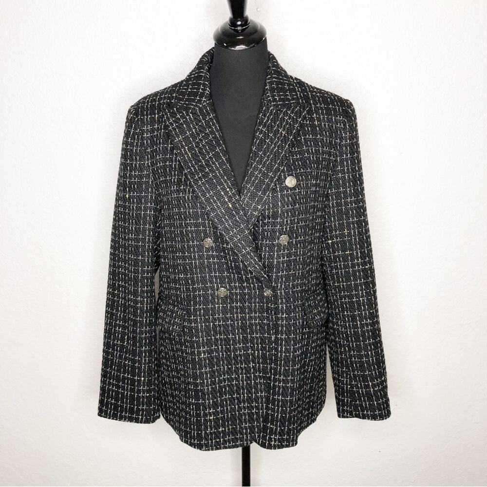 Mina Self black white metallic tweed striped double breasted blazer size XL